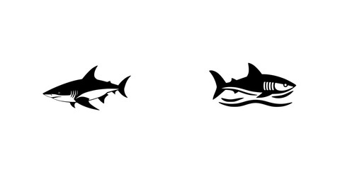 Poster - Set of black shark icons swimming in different styles with a minimalist design