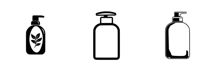 Poster - Black icon set featuring three different types of lotion or soap bottles in a minimalist design on a white background