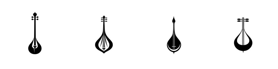 Poster - Set of four black icons representing traditional string instruments with distinct designs exemplifying cultural music heritage