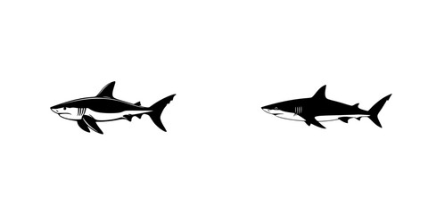 Poster - set of black shark icons showing side views with detailed fins and streamlined bodies, ideal for mar