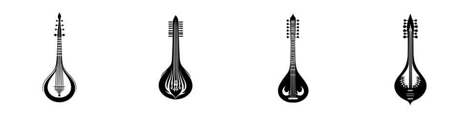 Poster - Set of black icons showcasing various stringed instruments in silhouette style