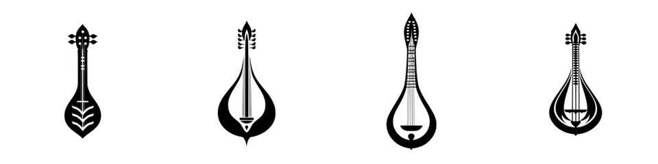 Poster - Set of four black icons representing various string instruments in silhouette style