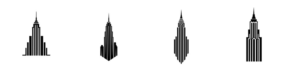 Poster - Set of four black icons depicting stylized skyscrapers with distinct architectural designs highlighting urban creativity
