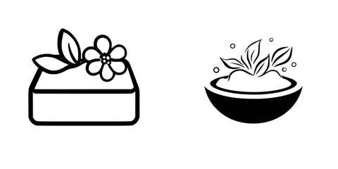 Poster - set of black icons representing a bar of soap with a flower and a bowl of soap with leaves, suitable