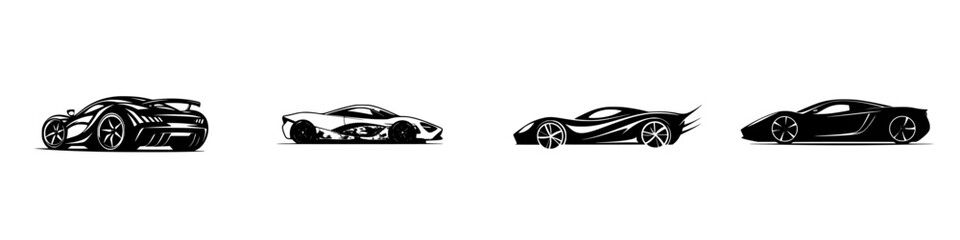 Poster - Stylized black icons of sports cars showcasing sleek designs and dynamic forms on a minimalist background