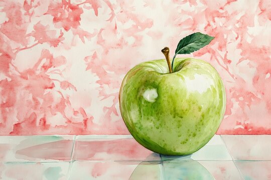 Watercolor rendering of a single green apple.