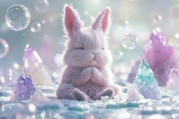 Poster - A fluffy white bunny meditates peacefully amidst sparkling crystals and bubbles in a dreamy, ethereal setting.
