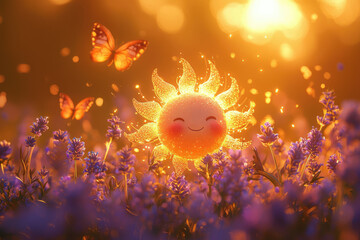 Poster - A happy sun smiles amidst a lavender field at sunset, with butterflies fluttering nearby.