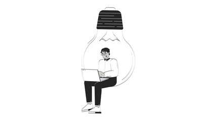 Poster - Professional arab man working on startup idea hand drawn whiteboard sketch animation. Innovation job. Creative entrepreneur in giant lightbulb animated handdrawn concept pencil drawing 4K video