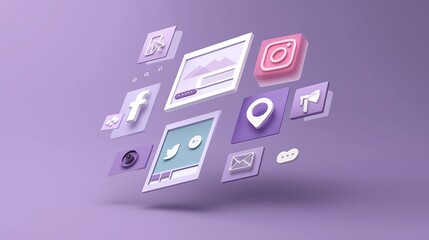 Poster - Digital marketing concept with floating screens and social icons