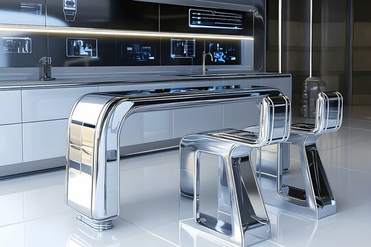 Sleek, futuristic chrome kitchen bar area showcases advanced technology.