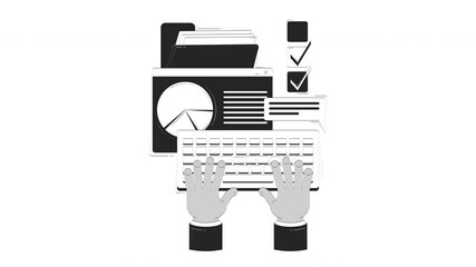Poster - Business task management hand drawn whiteboard sketch animation. Project manager hands typing on keyboard, charts check boxes productivity animated handdrawn concept pencil drawing 4K video