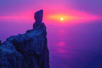 Poster - A majestic clifftop silhouette at sunset, casting a dramatic shadow against a vibrant purple and pink sky.