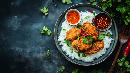 Poster - A beautifully arranged plate of fried chicken on fluffy white rice, garnished with herbs, chili, and a side of dipping sauce, set against a warm, inviting food scene
