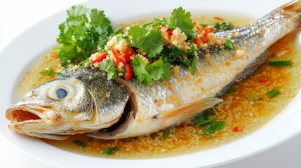 Poster - A beautifully presented fried seabass on a white plate, drizzled with golden fish sauce and garnished with fresh herbs, capturing the simplicity and elegance of Thai food