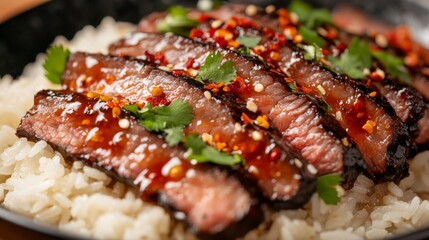 Poster - A beautiful close-up of beef rice, featuring thin slices of beef cooked in a savory sauce, placed on a bed of steaming rice with garnishes of herbs and a dash of chili