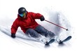 © Sanchai - a 2D cartoon illustration of a skier skiing down a snowy slope, fast and daring, white background