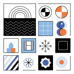 Poster - Editable Modern Logo Grid Template, Collection of simple geometric shapes and patterns arranged grid, featuring various colors and designs that evoke creativity on white background,