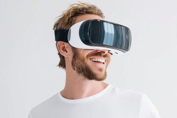 Fototapete - Happy Man Enjoys Virtual Reality Experience With Headset Isolated on Flat White Background in a Bright and Modern Setting