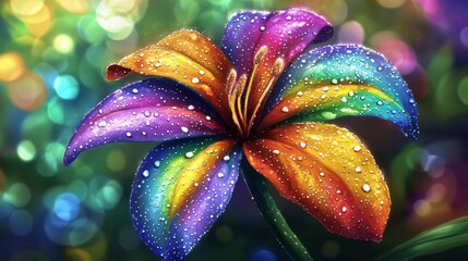 Poster - A bright, colorful flower with droplets of water on its petals, set against a blurred garden background, creating a fresh and serene scene