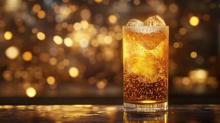 Aufkleber - A chilled beer glass with ice, condensation forming on the outside, placed on a countertop with a warm, inviting background and soft lighting highlighting the texture