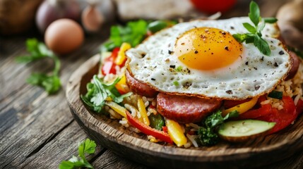 Poster - A close-up of American fried rice with pieces of sausage, vegetables, and a fried egg on top, served on a rustic wooden plate with a simple side garnish
