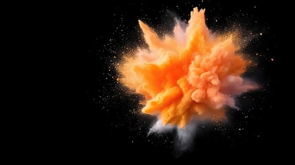 Exploding colorful powder cloud.  A vibrant, dynamic display of orange and peach colored powder suspended in mid-air, creating a visually striking explosion against a black background