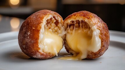 Poster - A close-up of a halved arancini ball, revealing the gooey cheese and savory filling inside, showcasing the mouthwatering textures and flavors of this classic treat.