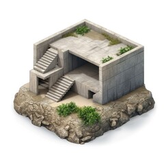 Poster - isometric view of a derelict concrete structure on a rocky outcrop.