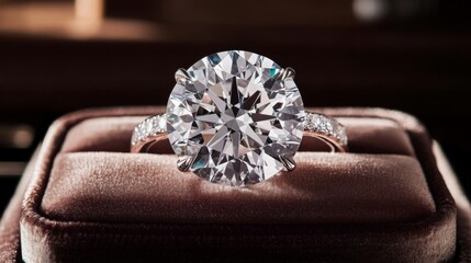 Poster - A close-up of a stunning diamond ring in a sleek velvet box, the brilliant-cut diamond sparkling under soft lighting, symbolizing elegance and luxury.