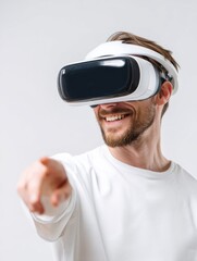 Fototapete - Happy Man Enjoying Virtual Reality Experience With Glasses on White Background for Promotional Use