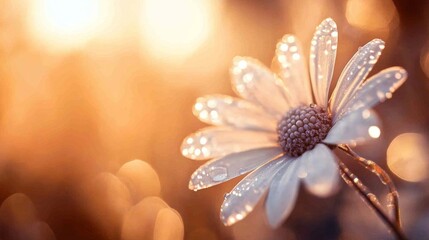 Poster - A close-up of a white flower with shimmering water droplets on the edges of its petals, captured with soft, diffused light highlighting the droplets