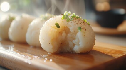 Poster - A close-up of freshly steamed  with a soft, fluffy texture and a bite taken out to reveal the delicious filling, placed on a wooden serving board.