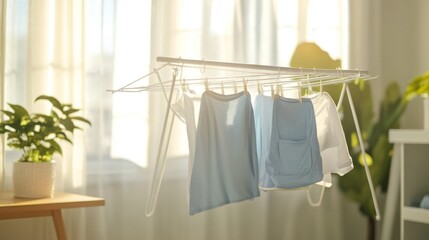 Aufkleber - A clothes drying rack in a bright, modern apartment with clothes drying after a wash, capturing a relaxed, functional home atmosphere