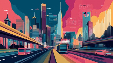 Poster - High-speed city with corporate icons and business analytics