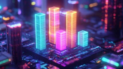 Poster - A colorful D bar graph with glowing, stacked bars, illustrating progress and data analysis in a vibrant, high-tech setting
