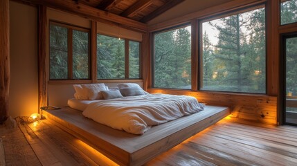Aufkleber - A cozy loft bedroom with a minimalist design, featuring a platform bed, soft bedding, and warm lighting, set against a backdrop of reclaimed wood and large windows.