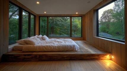 Aufkleber - A cozy loft bedroom with a minimalist design, featuring a platform bed, soft bedding, and warm lighting, set against a backdrop of reclaimed wood and large windows.