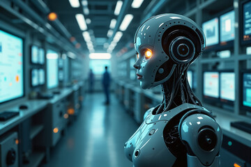 Poster - Futuristic robot with glowing eye observing high-tech lab filled with computer screens. Dimly lit environment enhances innovation atmosphere