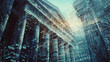 © Domingo - Classical architectural structure with digital stock market data overlay in blue tones. Neoclassical columns and building facade merging with financial graphs and trading analytics