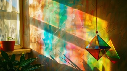 Aufkleber - a sunny window with a prism hanging, creating colorful patterns on the wall.