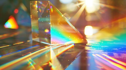 Aufkleber - close-up of a glass prism refracting sunlight into a rainbow of colors, with a blurred background.