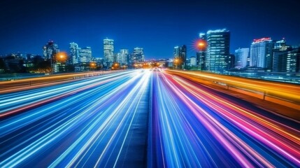Fototapete - A futuristic cityscape with streaking lights and glowing lines stretching across buildings, symbolizing high-speed light travel within an advanced urban setting