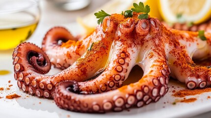 Poster - A grilled octopus tentacle resting on a white plate, with a drizzle of olive oil, paprika dust, and fresh lemon juice for a gourmet look