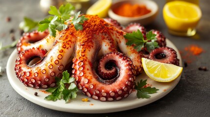 Poster - A grilled octopus tentacle resting on a white plate, with a drizzle of olive oil, paprika dust, and fresh lemon juice for a gourmet look
