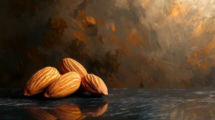 Poster - A handful of almonds resting on a dark marble surface, their smooth texture and rich color standing out against the sleek background