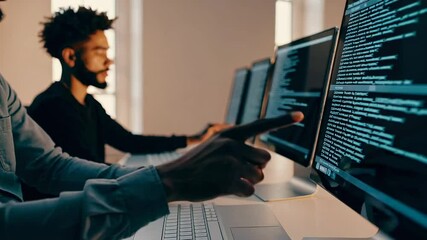 Aufkleber - Software developers collaborating intensely, analyzing code on computer screens during late night project work in dimly lit office environment