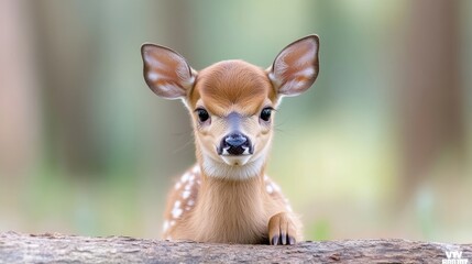 Wall Mural - Adorable fawn, peering through forest log