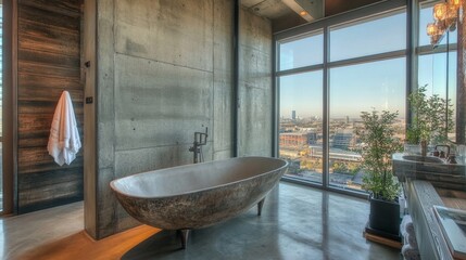 Aufkleber - A modern bathroom in a loft, featuring a freestanding tub, concrete walls, and a large window overlooking a cityscape, blending luxury with urban aesthetics.
