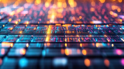 Fototapete - Abstract Close-Up of a Futuristic Digital Grid with Glowing Multicolored Data Streams and Bokeh Effects Creating an Enigmatic Visual Experience